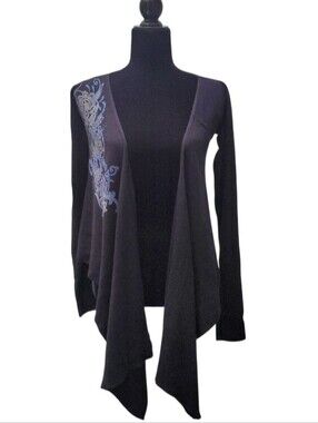 Black Women's Tie-Front Sweater with Blue Floral Accent Size M